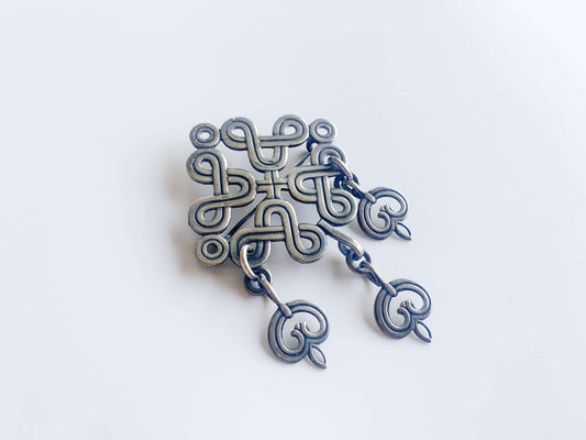 Silverplated woven ornamented Karelian brooch-pendant, Kalevala Koru, Finland