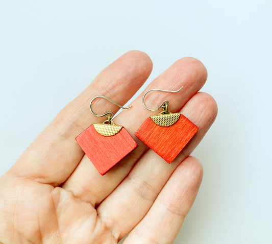 Aarikka Finland | Red Wooden Earrings, Brass Detail