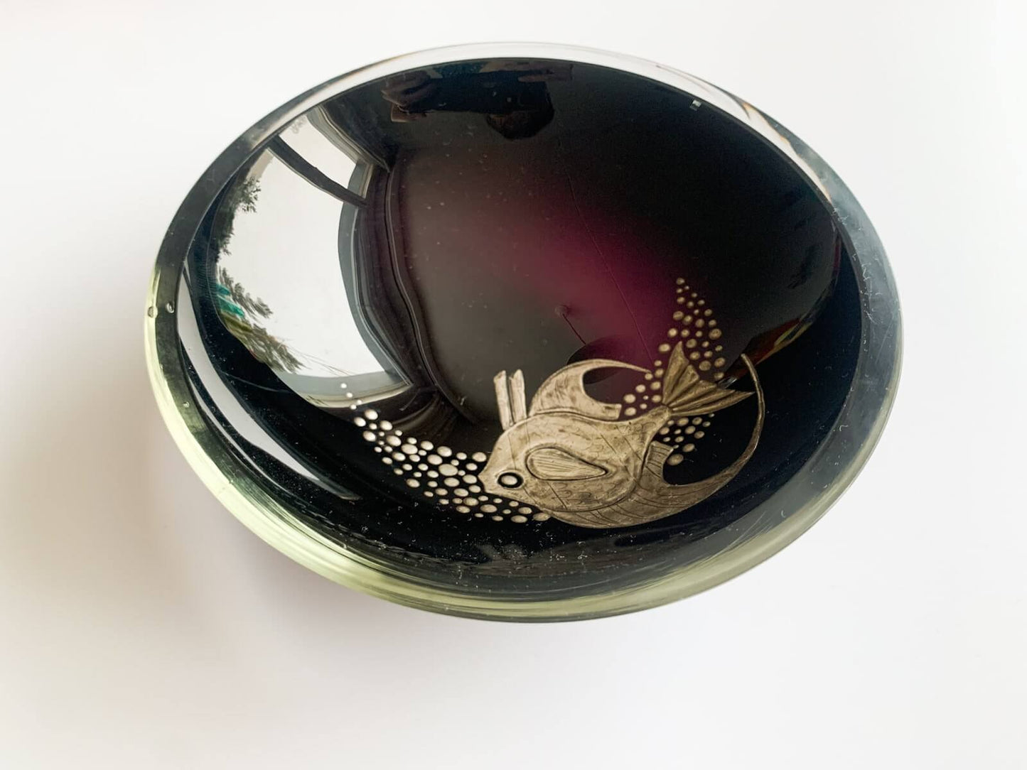 Kumela Finland, Sommerso Artwork Bowl Fish Silver Decor 1960s