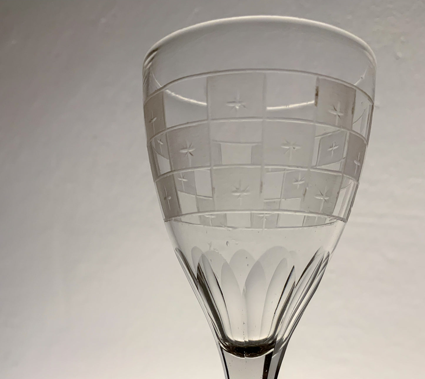 Antique Wine Glass Checkerboard Etching, likely Casimirsborg style