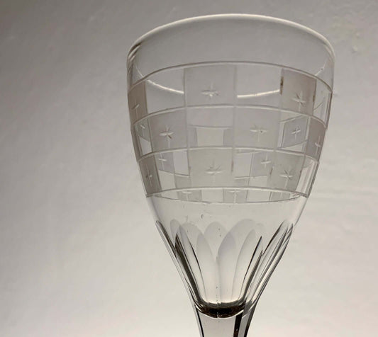 Antique Wine Glass Checkerboard Etching, likely Casimirsborg style
