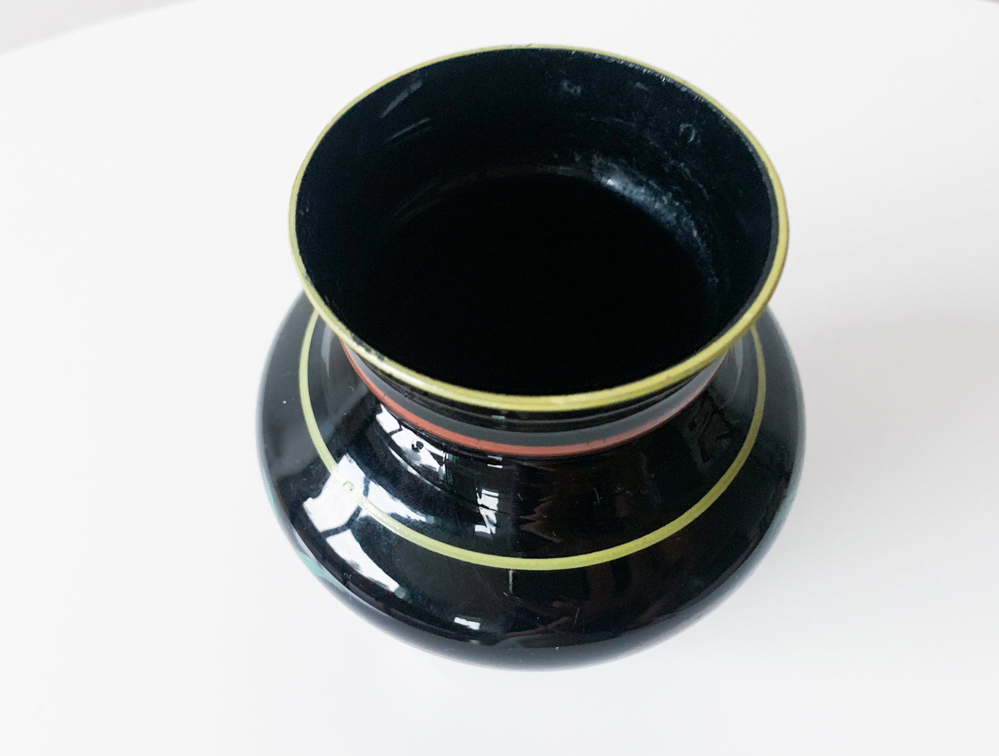 Vintage Art Deco black glass vase handpainted, Finland 1930s