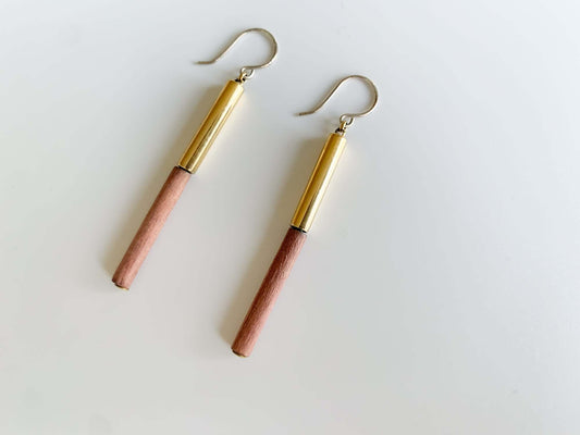 Vintage Aarikka stick earrings, wood and brass