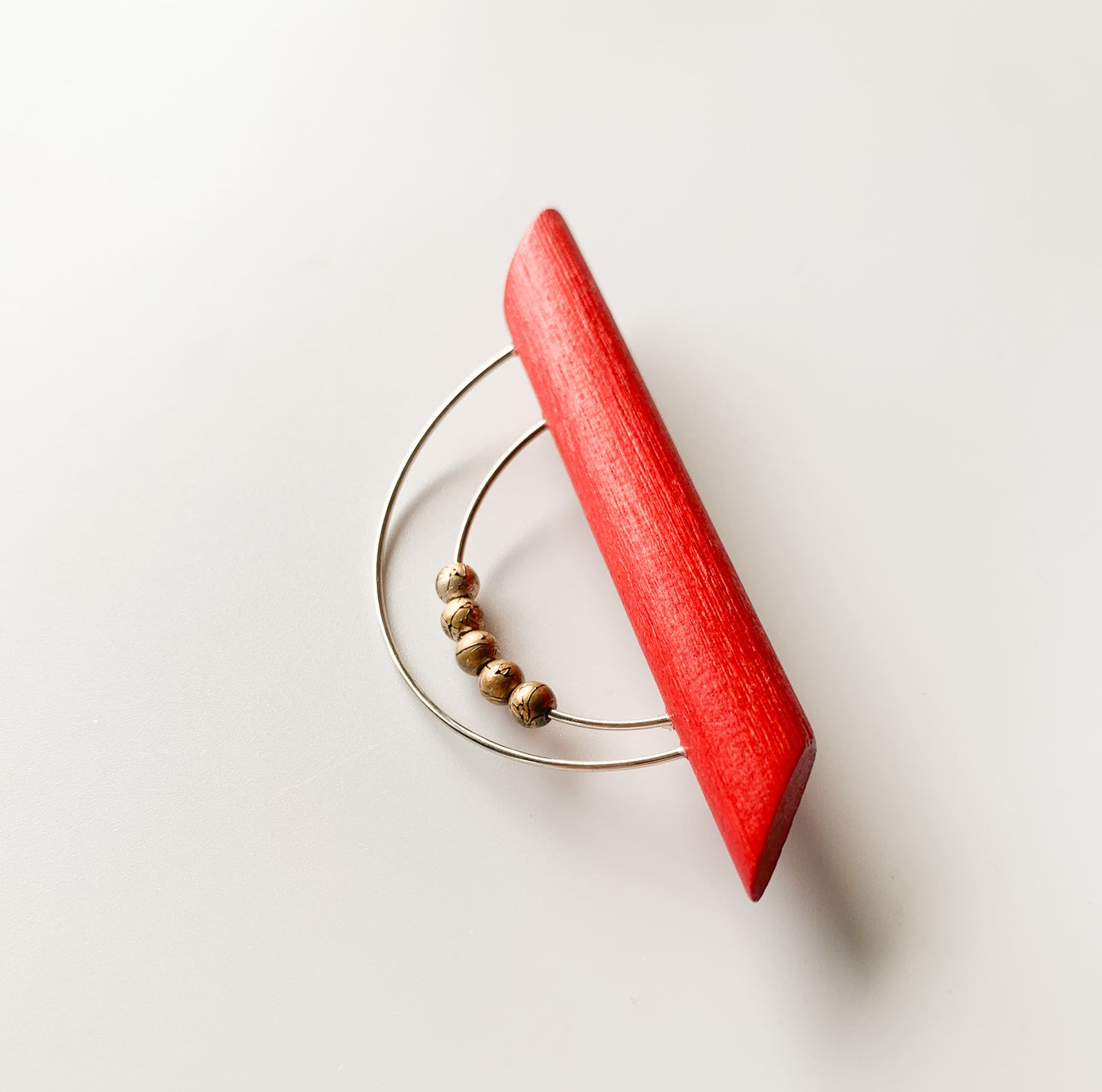 Aarikka Finland | Red Wooden Brooch, Metal Arc