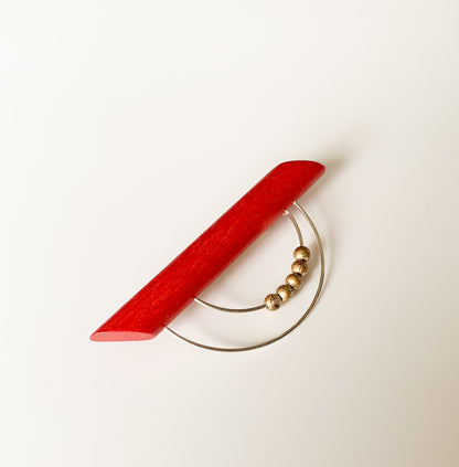 Aarikka Finland | Red Wooden Brooch, Metal Arc