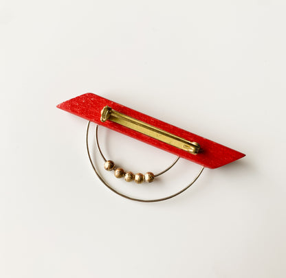 Aarikka Finland | Red Wooden Brooch, Metal Arc