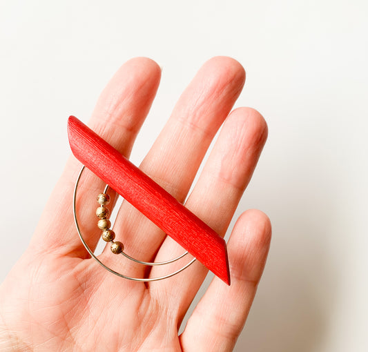 Aarikka Finland | Red Wooden Brooch, Metal Arc