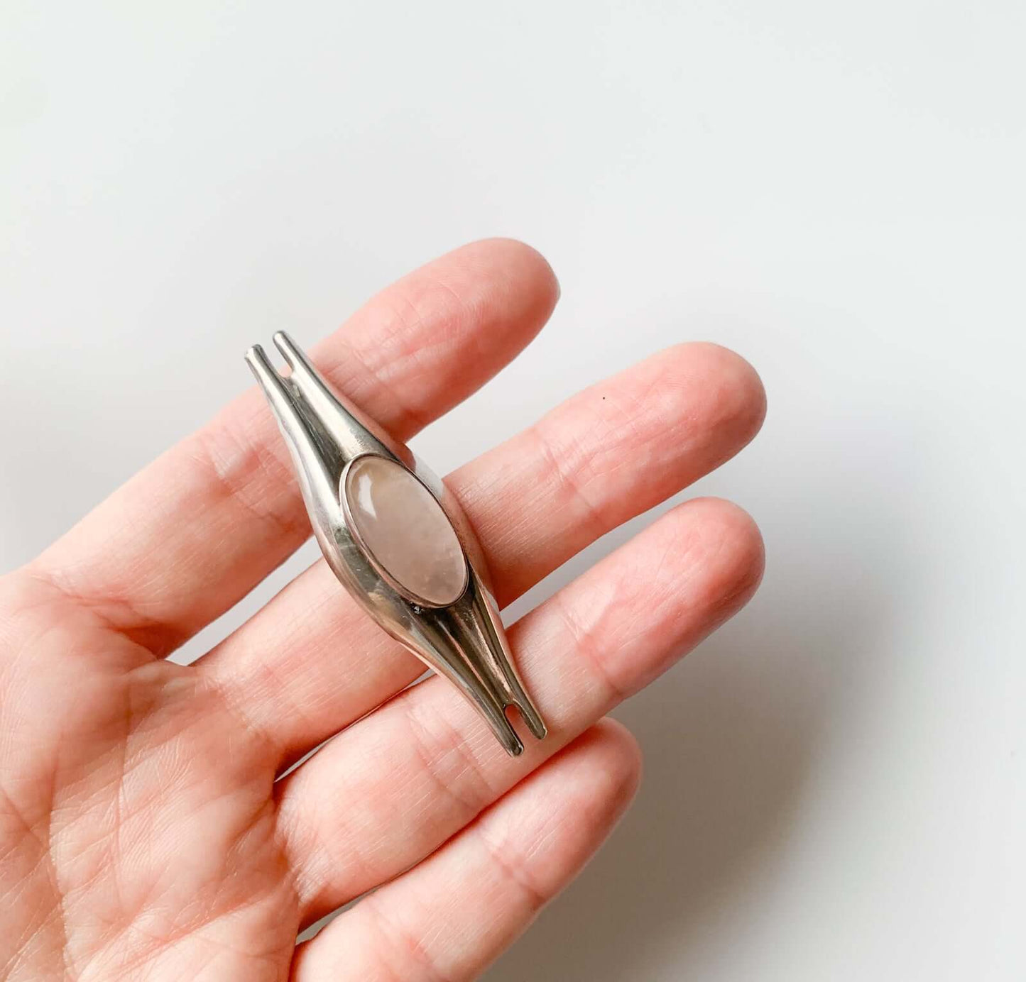 Modernist Silver Brooch 1960s | Rose Quartz