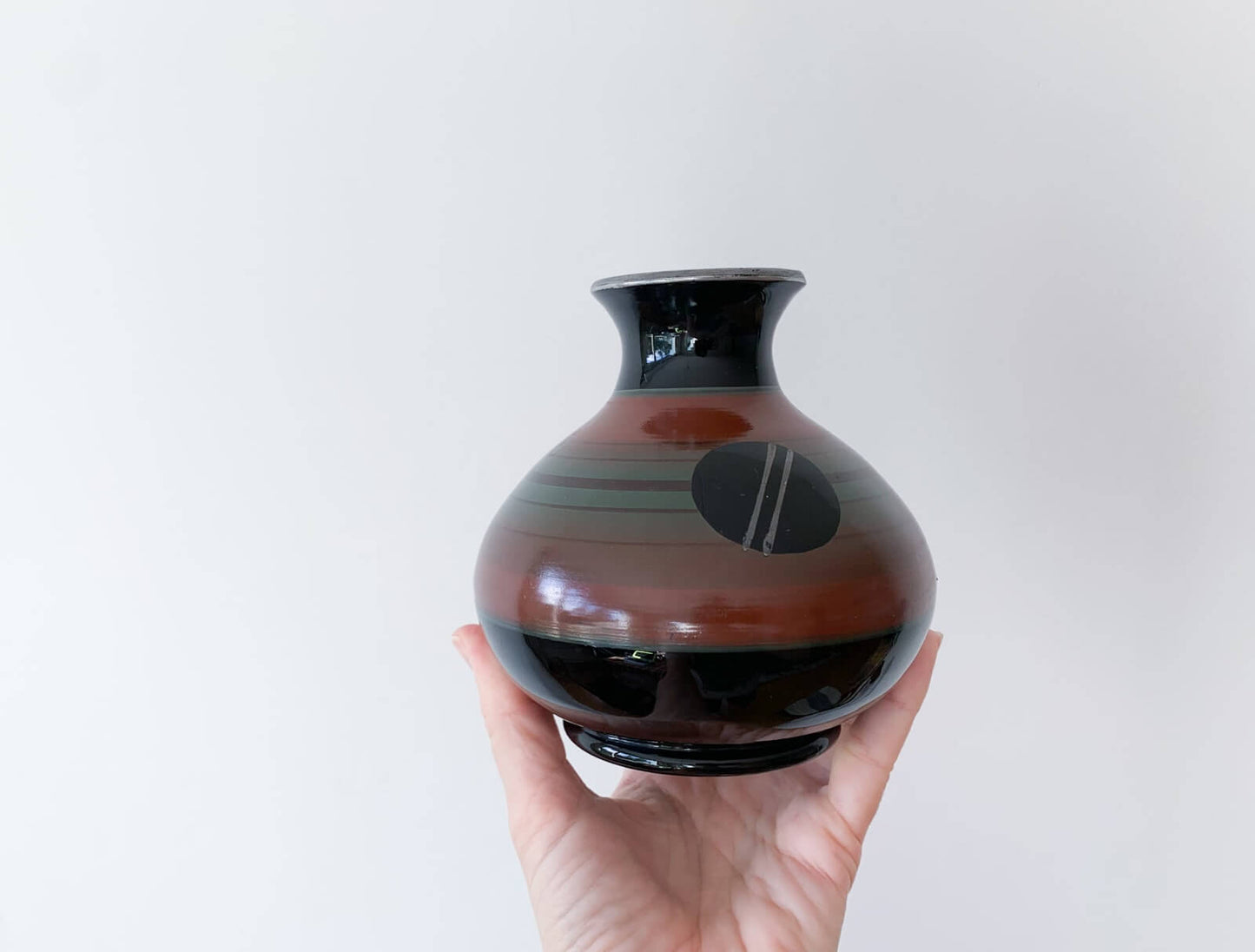 Art Deco Chic Black Glass Vase, Silver Detailing, 1930s