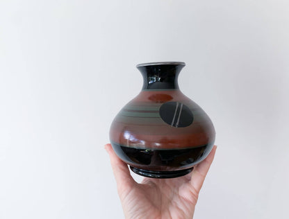 Art Deco Chic Black Glass Vase, Silver Detailing, 1930s