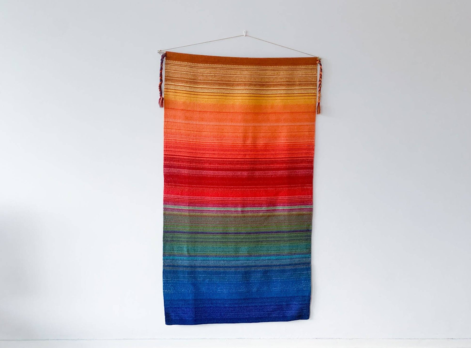 Midcentury handmade vintage rug tapestry blanket Rainbow, Lapland Finland, 1970s
