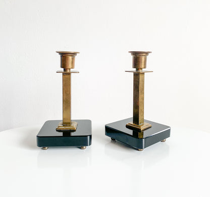 Pair of Swedish Art Deco brass & black glass candlesticks