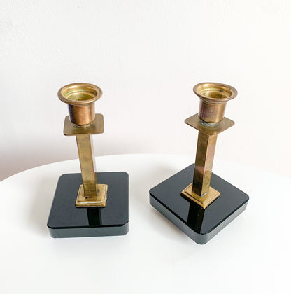 Pair of Swedish Art Deco brass & black glass candlesticks