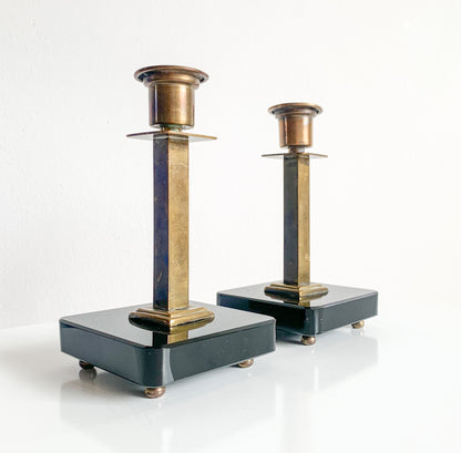 Pair of Swedish Art Deco brass & black glass candlesticks