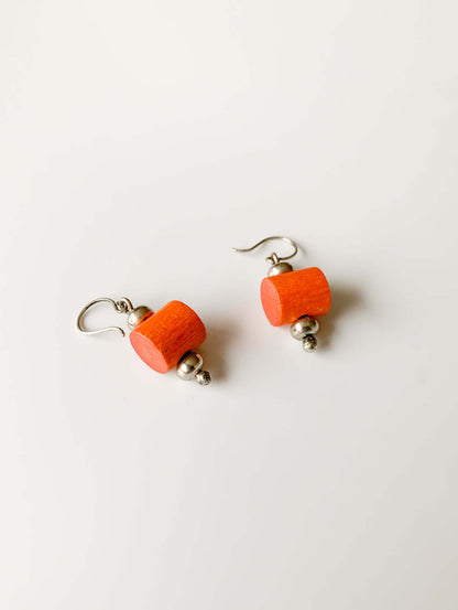 Aarikka Finland, cylindrical wooden bead earrings, orange