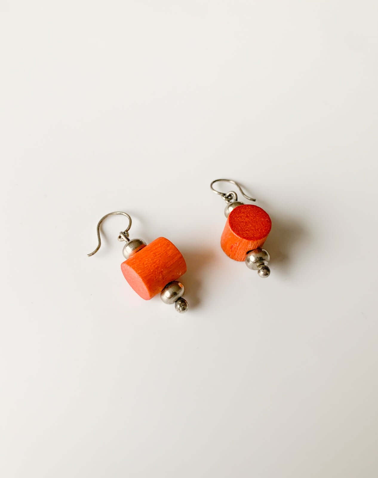 Aarikka Finland, cylindrical wooden bead earrings, orange