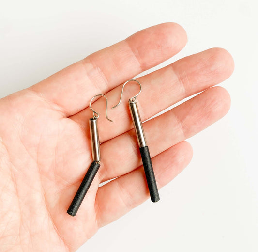 Aarikka Finland | Stick earrings, dark-blue wood & metal