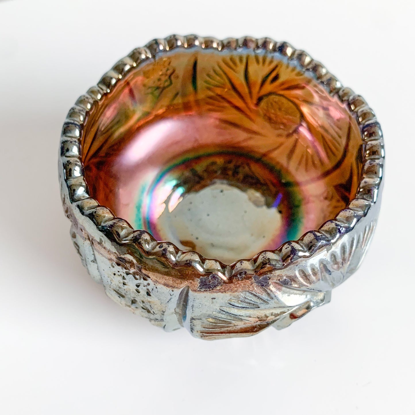 Riihimäen Lasi | Starburst carnival glass sugar bowl