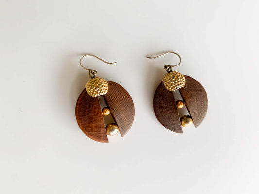 Wooden semicircles earrings with metal balls, Aarikka Finland