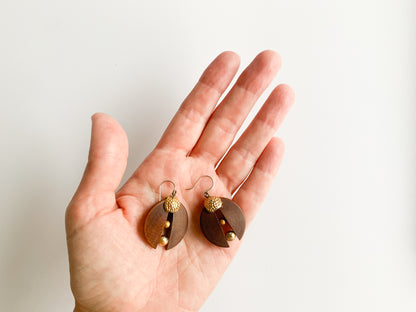 Wooden semicircles earrings with metal balls, Aarikka Finland