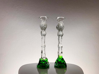 Art Glass Tall Figurine - Candleholder 34 cm Green Signed, Humppila Finland