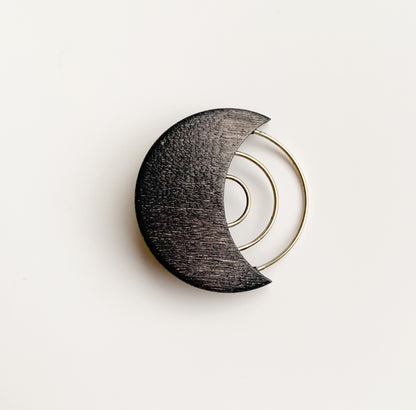 Aarikka graphite tone Crescent Moon wood brooch