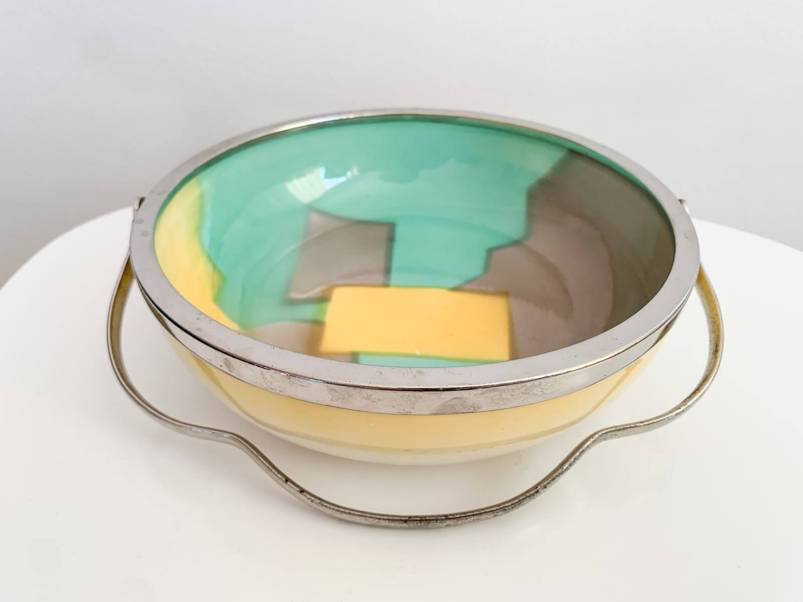 Vintage German ceramic bowl in Art Deco style | Green, yellow and grey colors