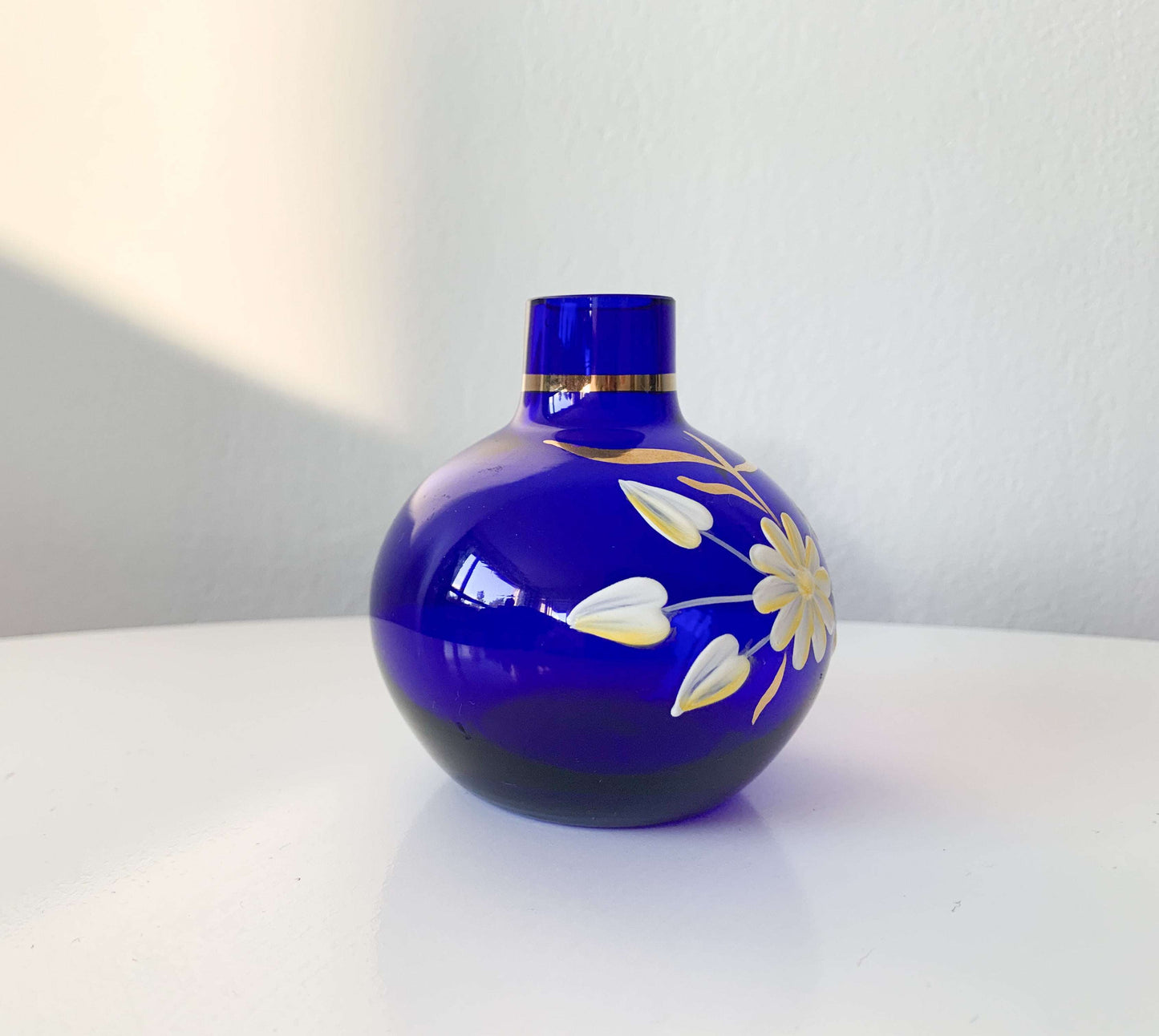 Jugendstil small vase of blue cobalt glass, enamel decoration
