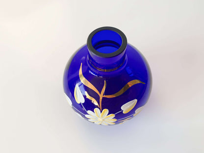 Jugendstil small vase of blue cobalt glass, enamel decoration