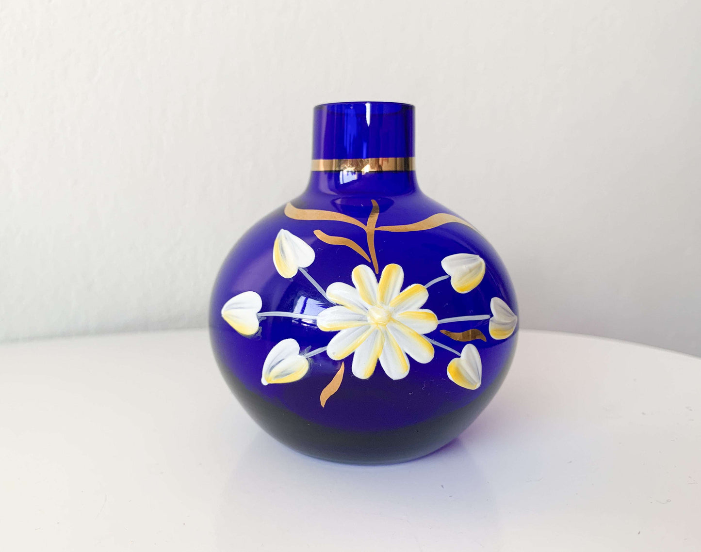 Jugendstil small vase of blue cobalt glass, enamel decoration