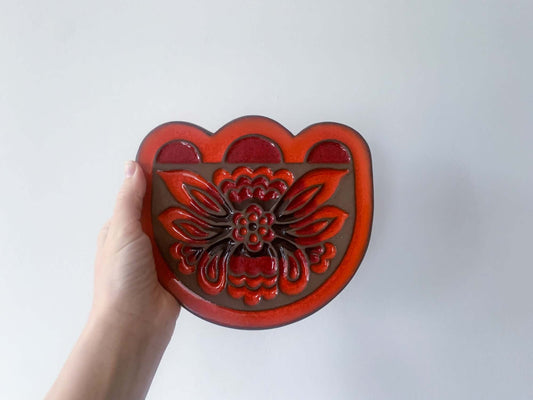 Vibrant and earthy ceramic wall plate Red Flower, TEKT factory, Estonia 1980s