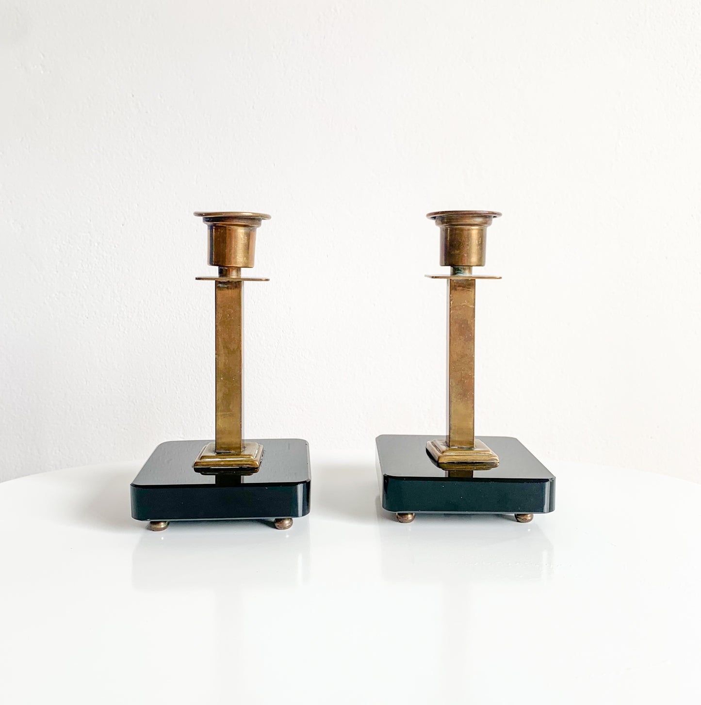 Vintage candlesticks | Art Deco Brass Black Glass | Molna Vintage
