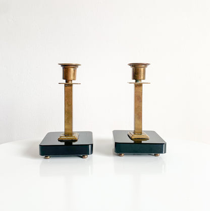 Vintage candlesticks | Art Deco Brass Black Glass | Molna Vintage