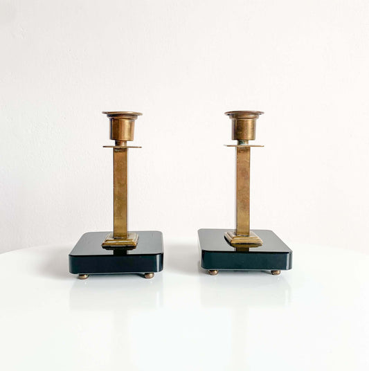 Vintage candlesticks | Art Deco Brass Black Glass | Molna Vintage